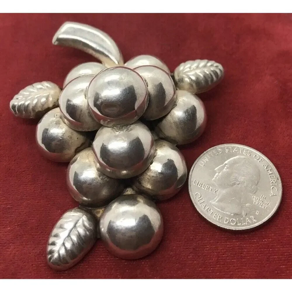 Vintage Sterling Silver Brooch Pin 925 Mexico Grape Cluster Huge 20 grams